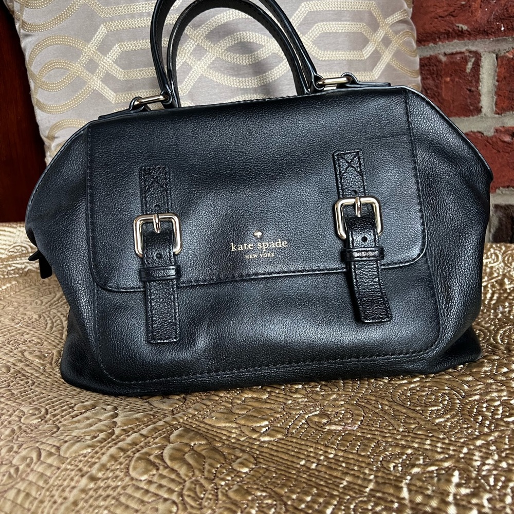 Kate Spade black leather “bowling bag” purse with gold hardware